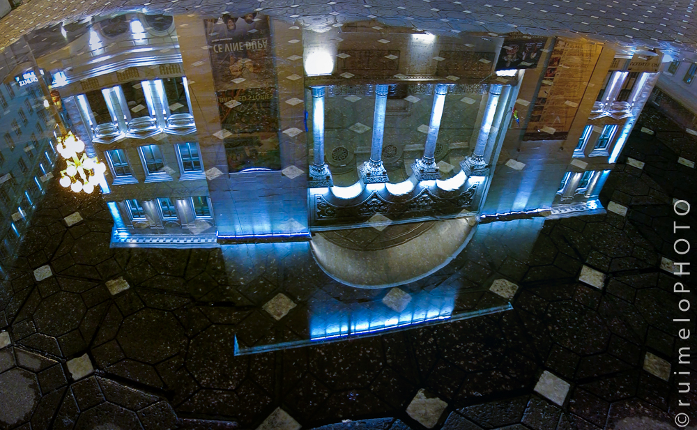 Reflection of the music hall. Combined from a video footage.